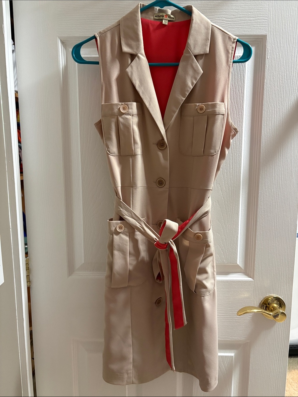 Altar'd State Beige Sleeveless Trench Coat Dress with Pink Trim Belt